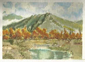 Arte: Carlos Enrique Lencinas Gómez. Acuarela sobre papel. ”Paisaje y montaña”. Firmada a mano.
